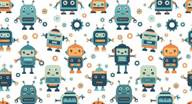 Kawaii pattern featuring colorful retro robots seamless illustration background colorful automaton wallpaper