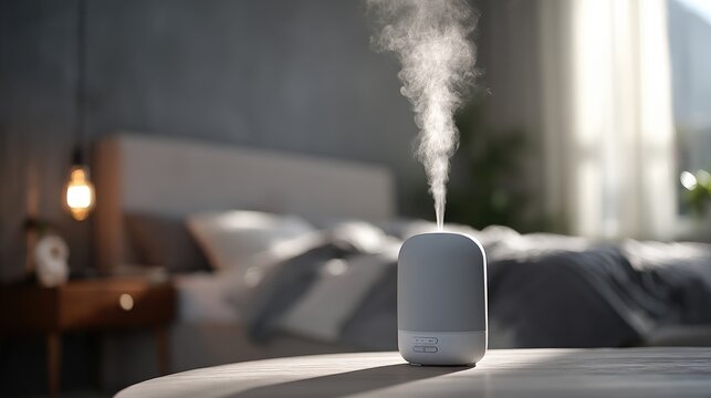 Aromatherapy diffuser emits mist in a softly lit bedroom, creating a tranquil atmosphere