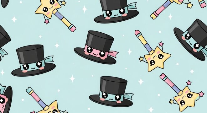 Kawaii pattern with magic hats and sparkling wands background illustration seamless wallpaper creative wrapping