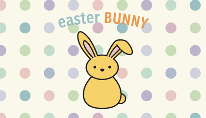 Obraz premium Sweet yellow easter bunny on a seamless polka dot pattern background decorated in soft pastel colors with card text.