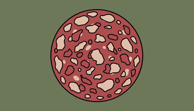 Tasty salami or pepperoni sausage slice showing meat texture and white fat spots over solid khaki green background.