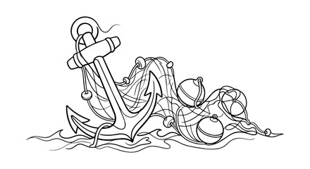 Anchor icon with rope and buoy, outline, white background, vector Illustration © Kazi