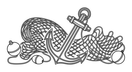 Nautical anchor icon with rope and buoys, outline, white background, vector illustration © Kazi