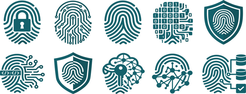Biometric Fingerprint Cyber Security Icon Set with Padlock Shield Circuit Board Binary Code and Database Network Elements for Data Protection Vectors