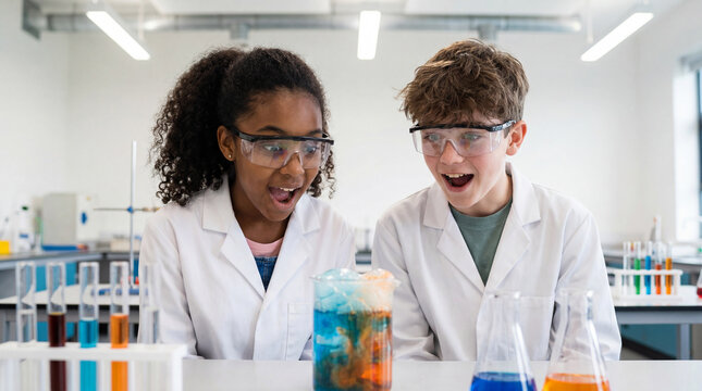 Back to school middle school students doing chemistry experiment surprised excited in laboratory for education magazine cover STEM discovery diversity