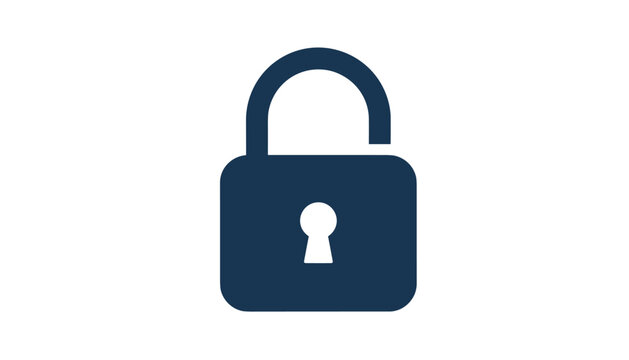 Dark blue open padlock icon on white background symbolizing unlocked access, freedom, vulnerability, or successful decryption of data.