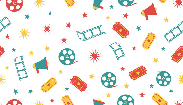 Colorful movie theater seamless pattern featuring film reels, cinema tickets, megaphones, and stars scattered on a white background.