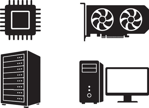 Computer Hardware Glyph Icon Set with CPU GPU Server Workstation and Desktop Computer Components