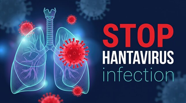 Illustration of human lungs with red virus particles and text urging to stop hantavirus infection, set against a dark background highlighting health awareness