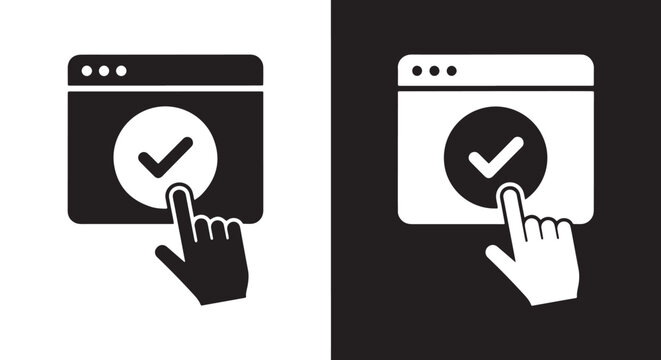 hand clicking approval icon on screen: logo icons vector set. Blue, Black and white icons