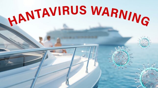 Hantavirus warning displayed prominently on a yacht with a blurred cruise ship in the background, illustrating health precautions in a maritime setting