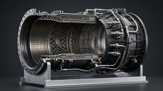 Ultra realistic jet engine combustion chamber segment, intricate thermal protection structures, engineering showcase, clean isolated background