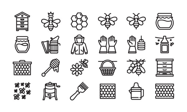 Beekeeping equipment vector icons set apiary tools and honey production symbols.