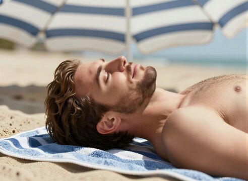 Depicts Young Adult Male Lying On Back Sandy Beach Head Comfortably Resting To Blue White Striped Towel Hes Reclining Upon Suggesting Relaxation