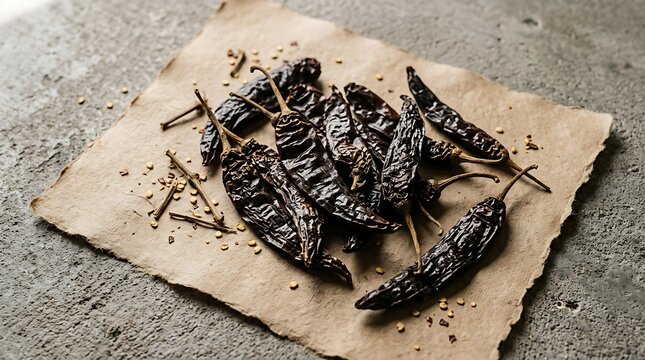 A high-angle close-up view of dried chile pasilla peppers scattered on rustic brown paper with scattered seeds, representing authentic Mexican cuisine.