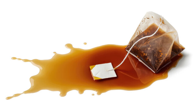 Saturated tea bag resting in a spilled pool of dark infused liquid on a pristine white background for beverage advertising