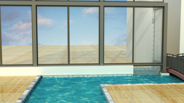 Modern indoor swimming pool featuring large glazed wall panels, realistic water reflections, tiled deck surfaces, and contemporary recreational architecture in a detailed 3D render.
