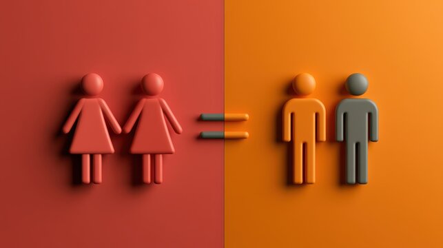 Two stylized female figures on a red background equal to two stylized male figures on an orange background, symbolizing gender equality.