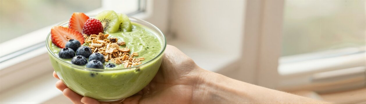 Captures Close Of Individuals Hand Holding Bowl Filled With To Green Smoothie Blended Drink Garnished Various Fruits As Blueberries Strawberries Kiwi