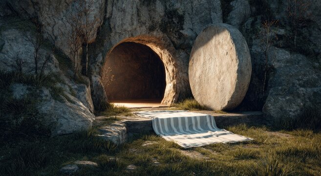 An ancient tomb with a rolled stone, an opened entrance, and cloth