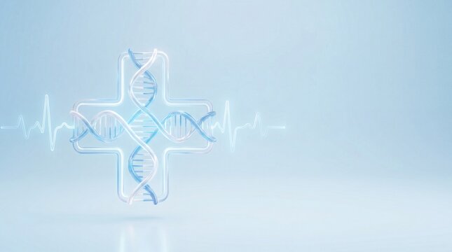 Futuristic medical technology logo with heartbeat ecg line and glass texture gene strand with copy space, Modern biomedicine and genetic engineering concept with cross badge and pulse line