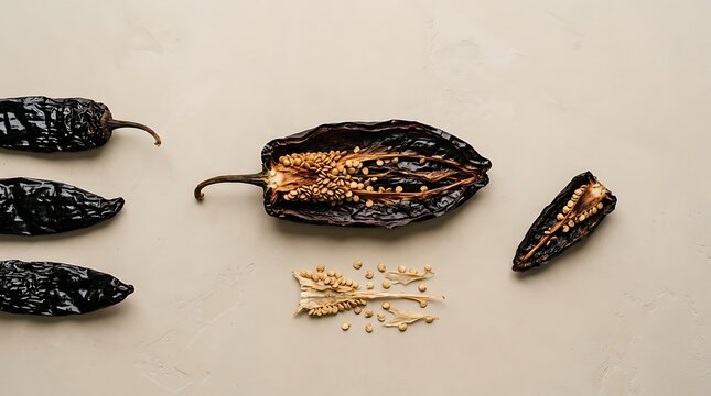 A top down view of dried chile pasilla peppers with seeds and sliced pieces arranged artistically on a neutral beige background for culinary photography