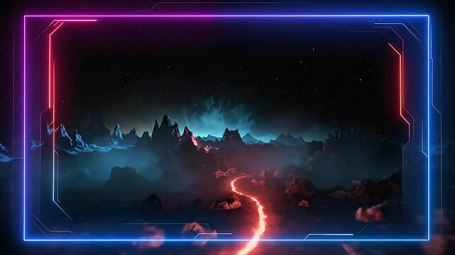 A glowing path winds through a dark alien landscape under a starry night sky