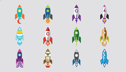 Fototapeta premium Colorful collection of twelve distinct retro space rocket ship icons isolated on a solid light gray background.