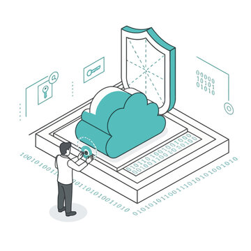 Cloud data security and server protection with digital binary code and shield interface.