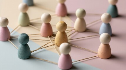 Obraz premium Wooden figures connected by strings representing human resources and global networking