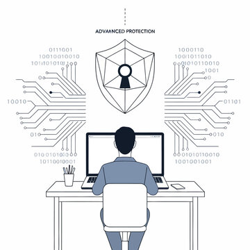 Person working on laptop at desk with binary code and advanced protection shield.