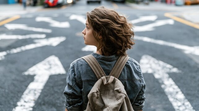 Young female traveler with backpack standing at road intersection with arrows