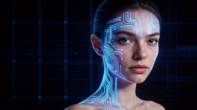 Woman with glowing circuit patterns on face