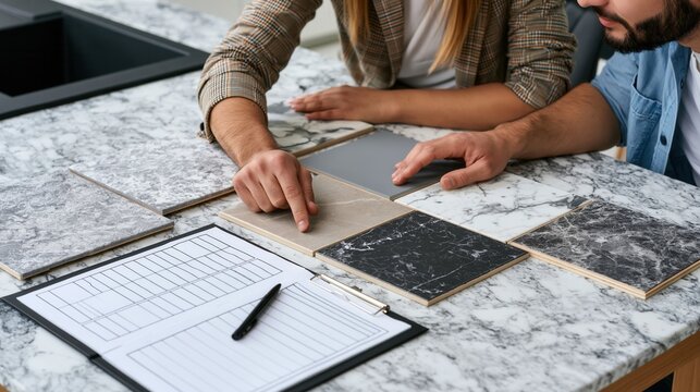 Interior designer and client choosing marble tiles for kitchen renovation