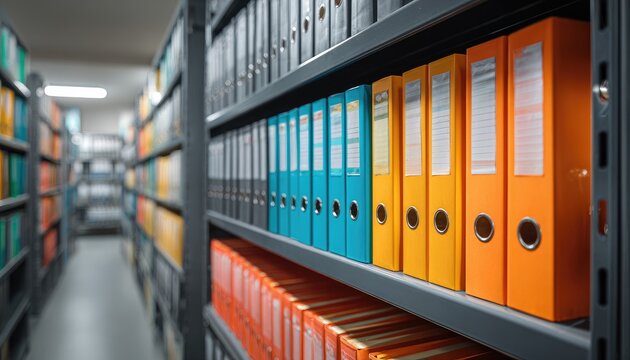 Rows of colorful document binders organized on metal shelving in a large archive