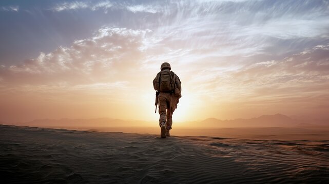 Silhouette of a lonely soldier walking across the vast desert dunes during a bright golden sunset while carrying heavy military gear and a tactical rifle, back view
