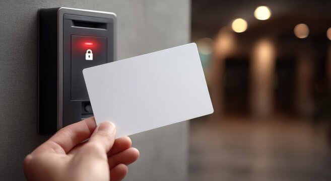Hand holds blank card to access control reader with red light