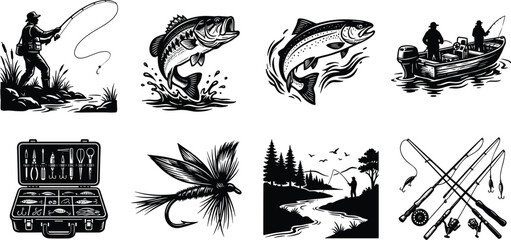 Vintage fishing vector illustration set featuring fisherman casting rod, largemouth bass, trout, motorboat, tackle box, fly lure, and scenic river landscape. © Sirajul