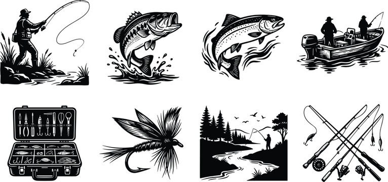 Vintage fishing vector illustration set featuring fisherman casting rod, largemouth bass, trout, motorboat, tackle box, fly lure, and scenic river landscape.