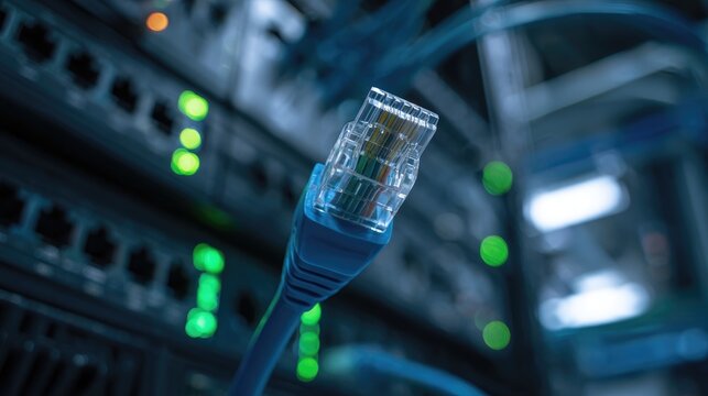 Close-up of a blue network cable plug in a data center