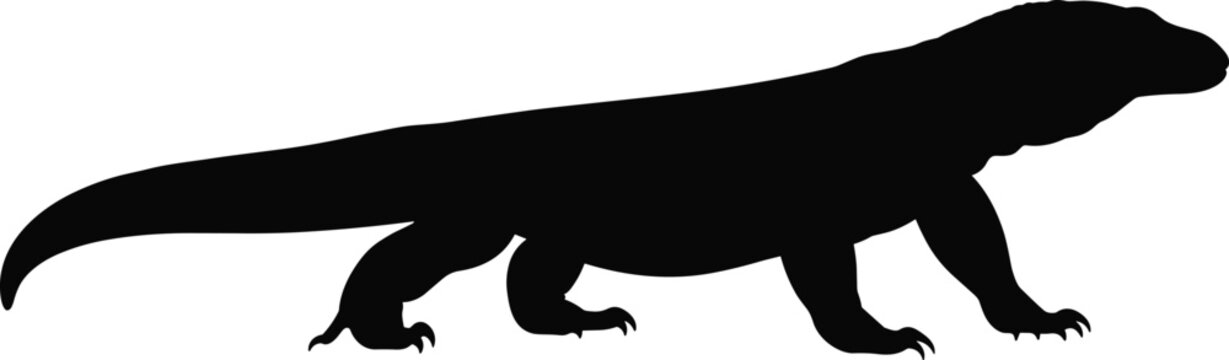Komodo dragon silhouette isolated on white background, giant lizard reptile vector illustration, wild animal shape design for logo tattoo artwork