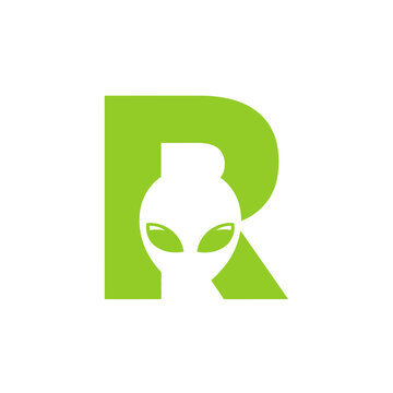 Green letter R logo with negative space alien head