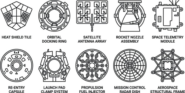 Rare aerospace engineering vector elements collection featuring spacecraft heat shield tile orbital docking ring satellite antenna array rocket nozzle assembly