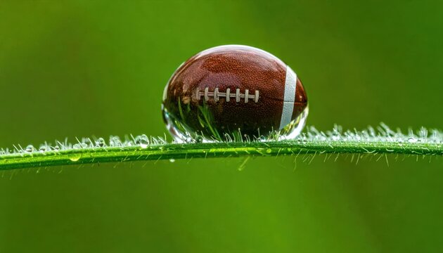 American Football on Grass Blade with Dew Drops