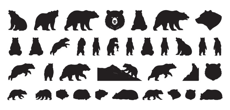 Bear silhouettes display strength. Bold bear figures showcasing fierce poses and expressions. Dynamic bear shadow images exhibiting strength and ferocity suitable for logos and outdoor advertising