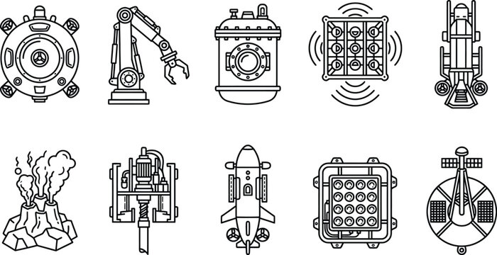 Oceanic marine deep sea exploration line icons series presenting submersible dome abyssal arm pressure capsule sonar grid trench scanner vent