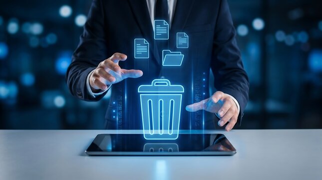 Businessman Interacting with Digital Trash Can Icon and Files on a Futuristic Interface for Data Deletion and Cleanup