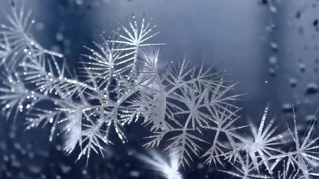 Macro shot of intricate ice crystals forming on glass, glistening with water droplets, representing winter, frost, and natural cold patterns, symbolizing purity