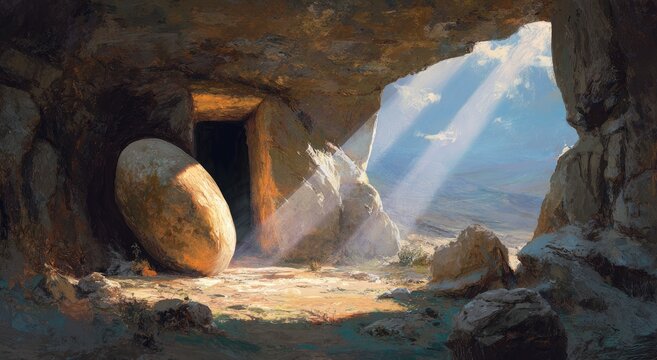 Sunbeams illuminate an ancient tomb with a large stone blocking the entrance