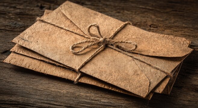 Stack of rustic brown envelopes tied with twine on weathered wood